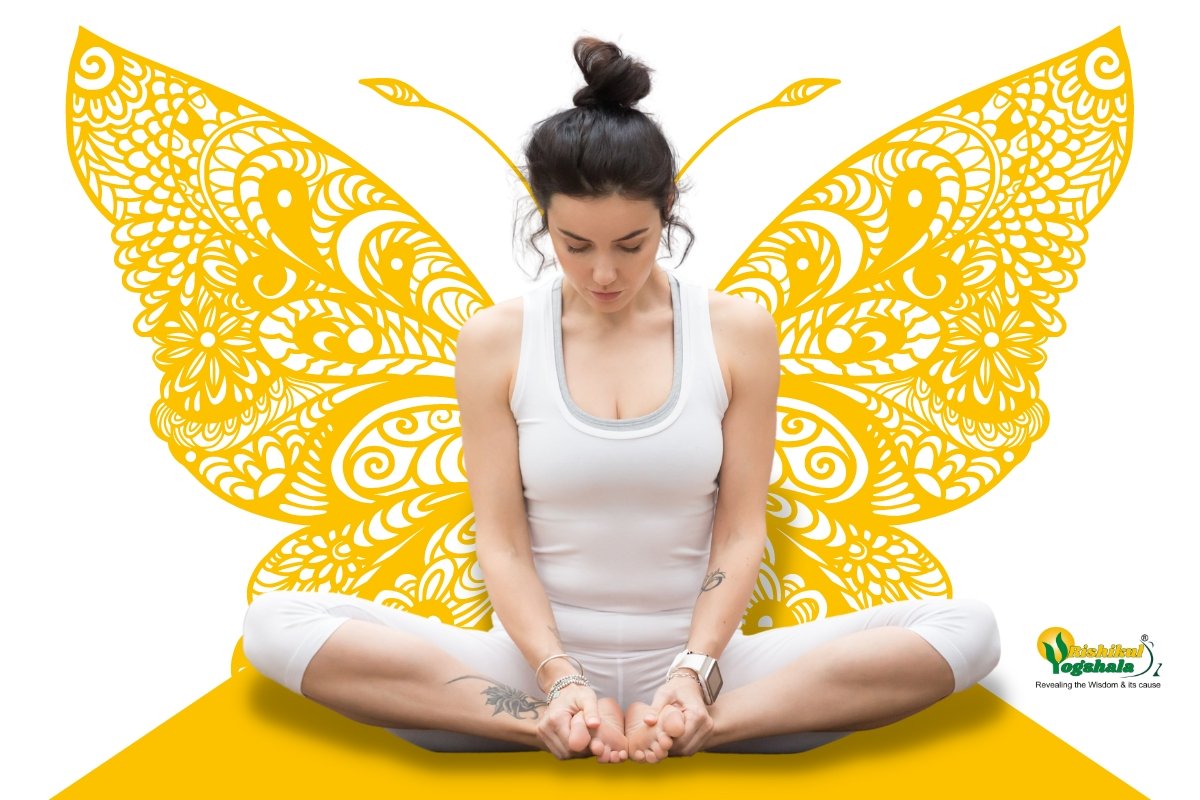 Happy Woman Training Yoga In Butterfly Pose Stock Photo - Download Image  Now - Butterfly - Insect, Exercising, Relaxation Exercise - iStock