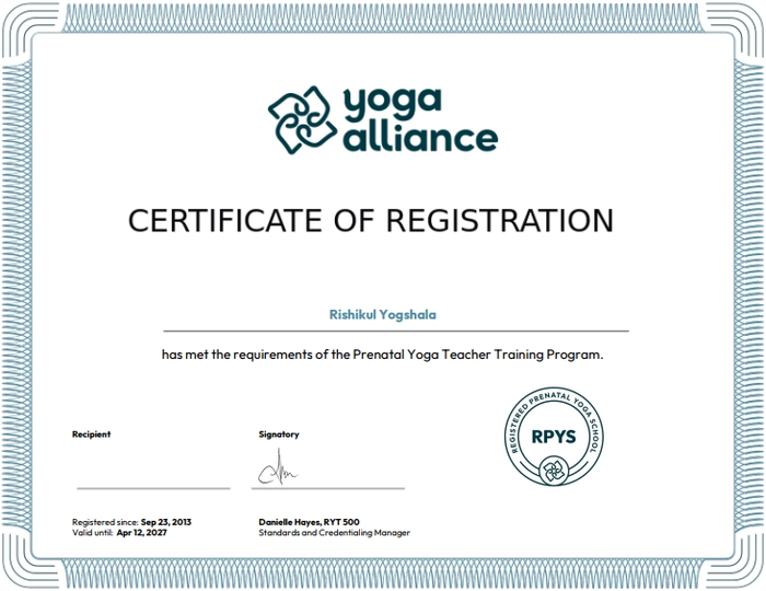 Registered Prenatal Yoga School (RPYS) certificate — Rishikul Yogshala Rishikesh