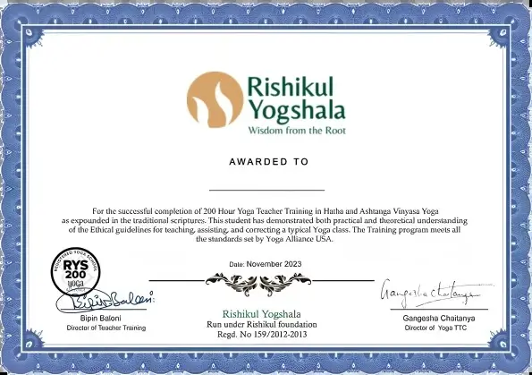 200 Hour YTTC Certificate from Rishikul Yogshala Rishikesh