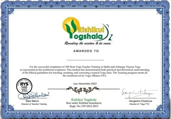 500 Hour YTTC Certificate from Rishikul Yogshala Rishikesh
